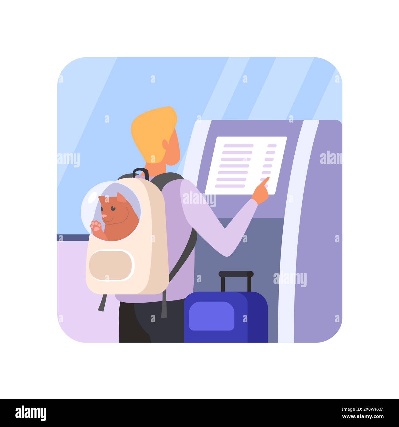 Man with cat in transparent backpack buying air plane tickets at self service kiosk, using check in machine vector illustration Stock Vector