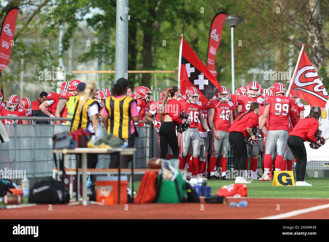 AMSTERDAM, NETHERLANDS - APRIL 13:   friendly American football match between Amsterdam Crusaders and Bristol Aztecs at Sportpark Sloten on April 13, Stock Photo