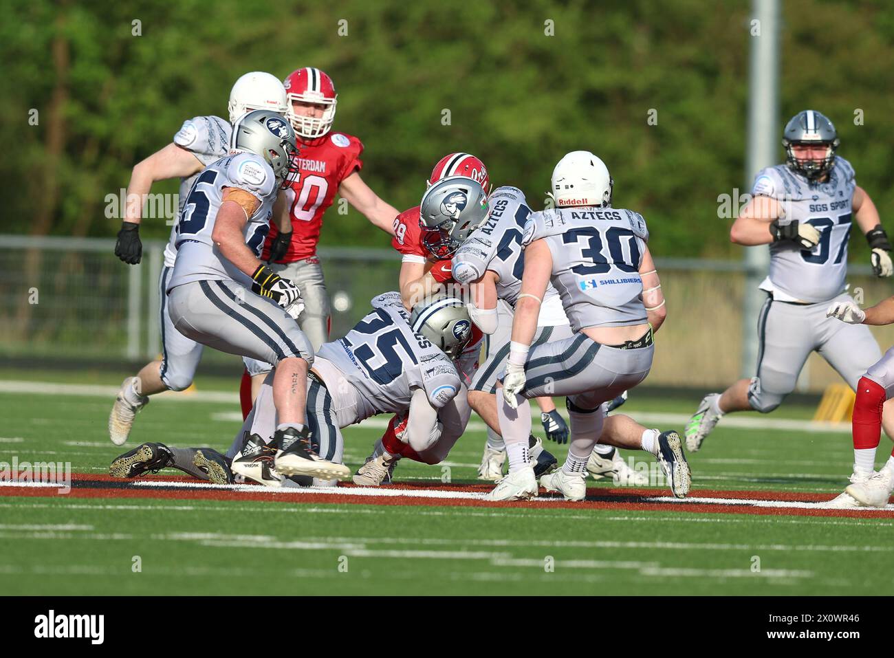 AMSTERDAM, NETHERLANDS - APRIL 13: Tom Seagar of Bristol Aztecs, Traff ALi of Bristol Aztecs during the friendly American football match between Amste Stock Photo