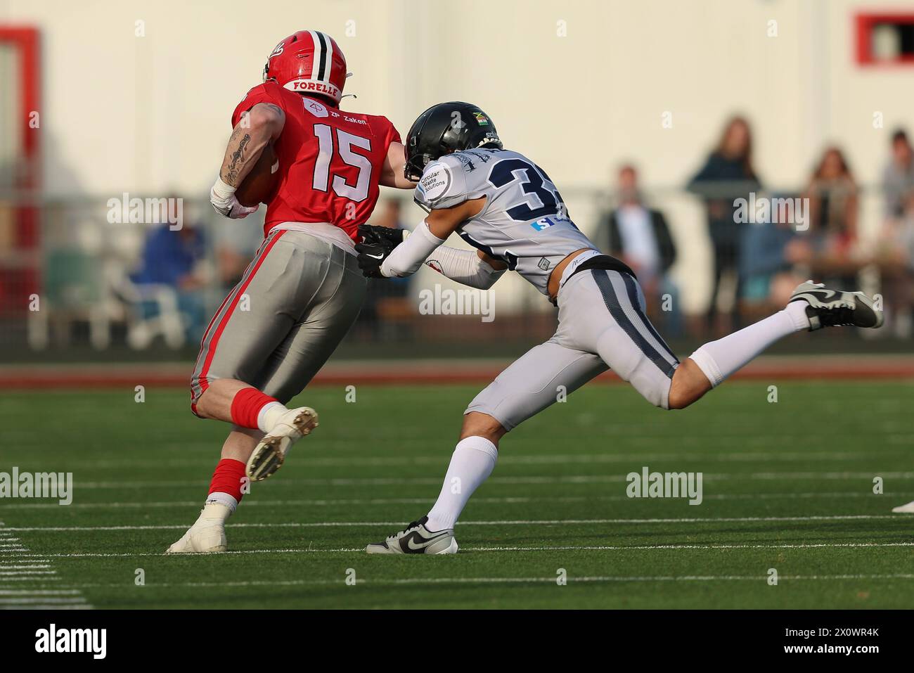 AMSTERDAM, NETHERLANDS - APRIL 13: seam Hon of Amsterdam Crusaders during the friendly American football match between Amsterdam Crusaders and Bristol Stock Photo