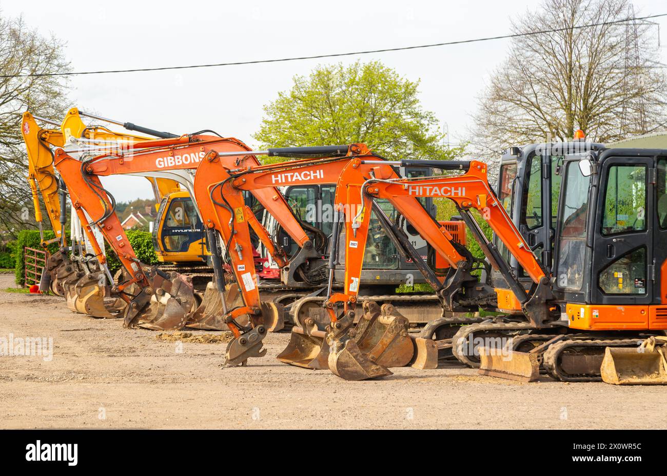 Hitachi tracked excavator diggers on display at used machinery auction, Campsea Ashe, Suffolk, England, UK Stock Photo