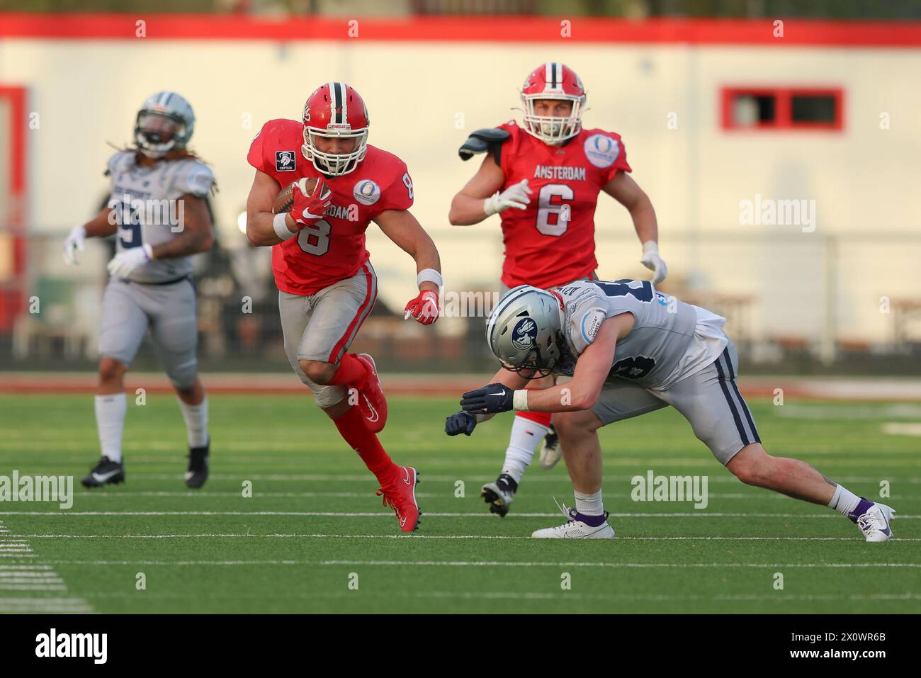 AMSTERDAM, NETHERLANDS - APRIL 13: Brian Snoek of Amsterdam Crusaders, Soufyan Dardour of Amsterdam Crusaders during the friendly American football ma Stock Photo