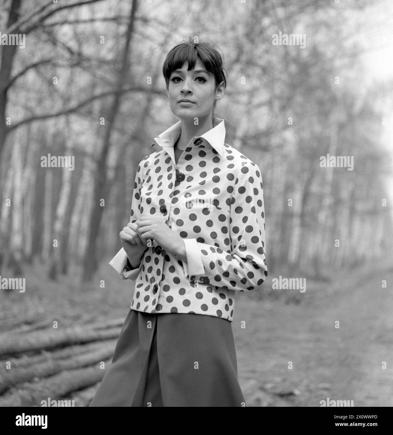 01.03.1971, Berlin, DDR - Werbeaufnahme fuer Modezeitschriften: Model zeigt im Wald die neueste Damenmode. 30-40 Jahre, 70er Jahre, Alltag, aussen, Aussenaufnahme, Bekleidung, Berlin, Bluse, Damenmode, DDR, deutsch, Deutsche Demokratische Republik, Deutschland, Europa, europaeisch, Fashion, Frau, Fruehjahr, Fruehling, Fuer Dich, GDR, Gesellschaft, Historie, historisch, Jahreszeit, Kaukasierin, kaukasisch, Kleidung, Mannequin, Mensch, Mode, Modeaufnahme, Modekollektion, Model, Modeshooting, modisch, Natur, Person, pmscartandhistory, Pose, posieren, praesentieren, Pramo, QF, Quadrat, Querformat, Stock Photo