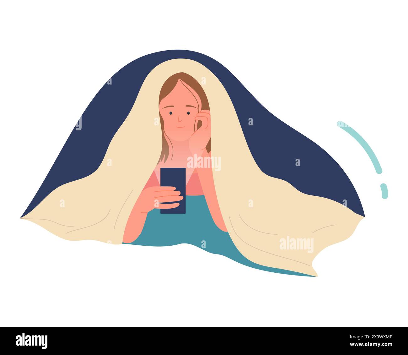 Girl with blanket on head holding mobile phone, insomnia at night