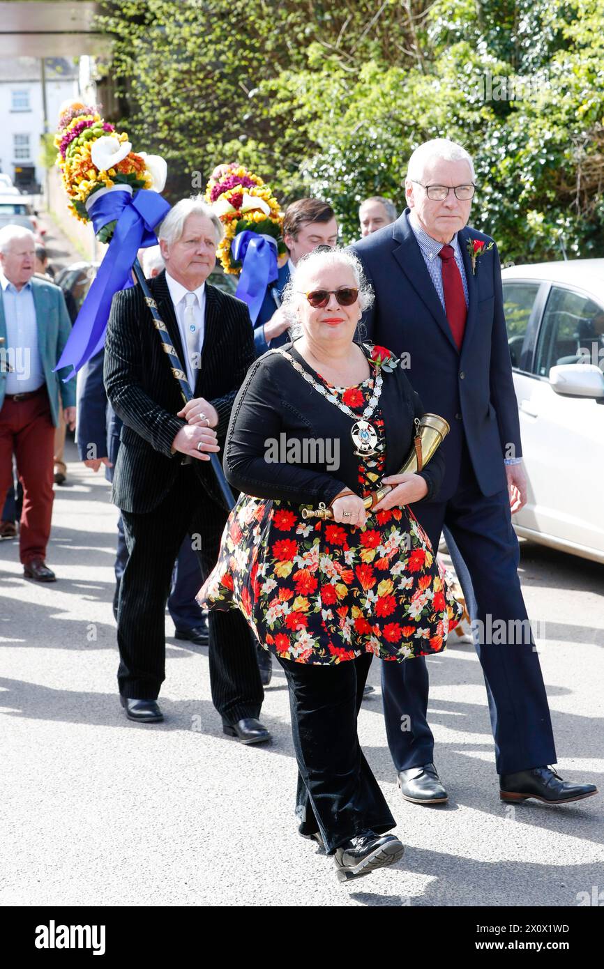 Hungerford, UK. 14th April 2024. The Constable of the Town and Manor of Hungerford and the Tutti Men parade to St Lawrences Church Credit: Red Water Images/Alamy Live News Stock Photo