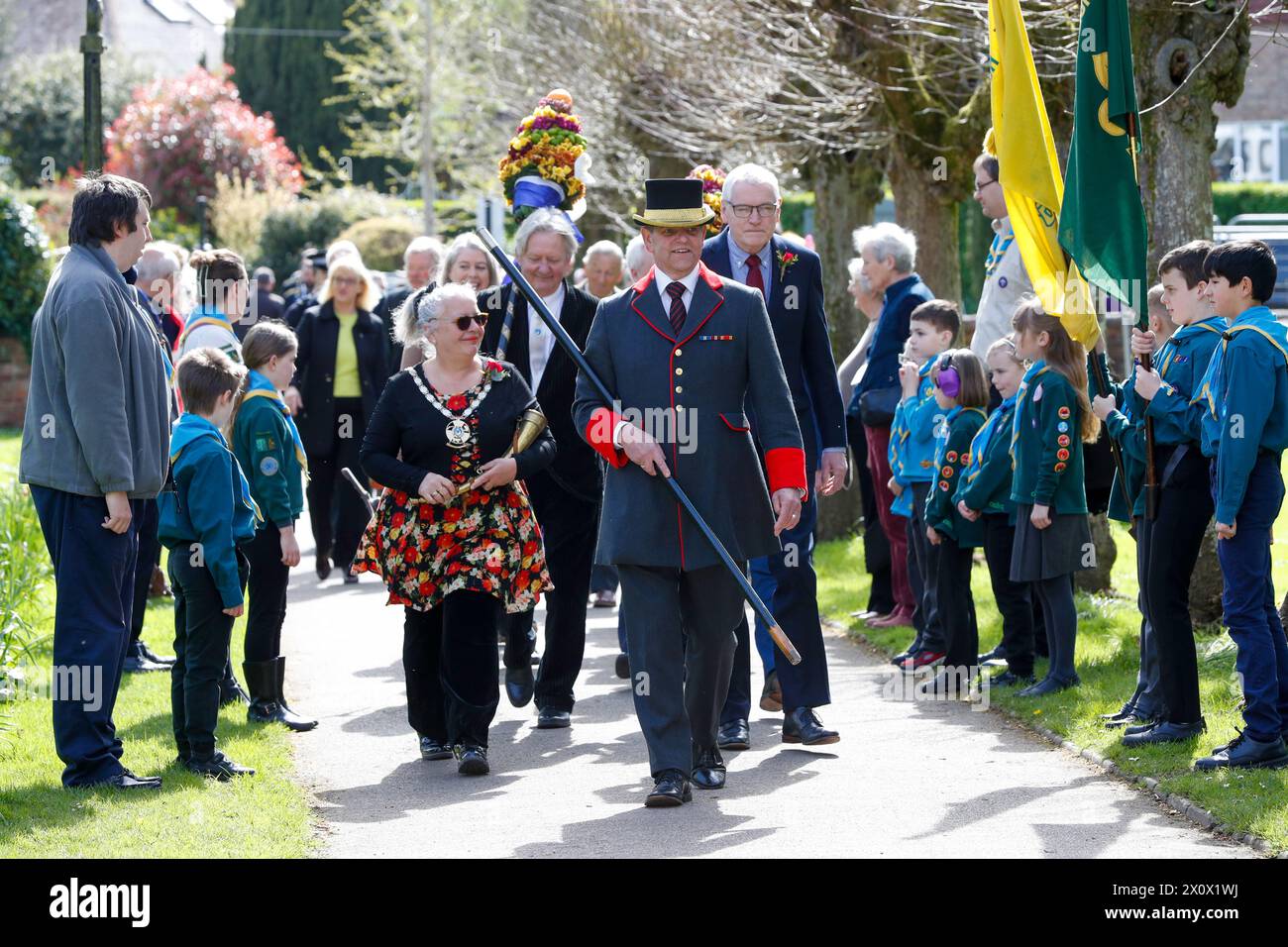 Hungerford, UK. 14th April 2024. The bellman leads the Constable of the Town and Manor of Hungerford and the Tutti Men to St Lawrences Church Credit: Red Water Images/Alamy Live News Stock Photo