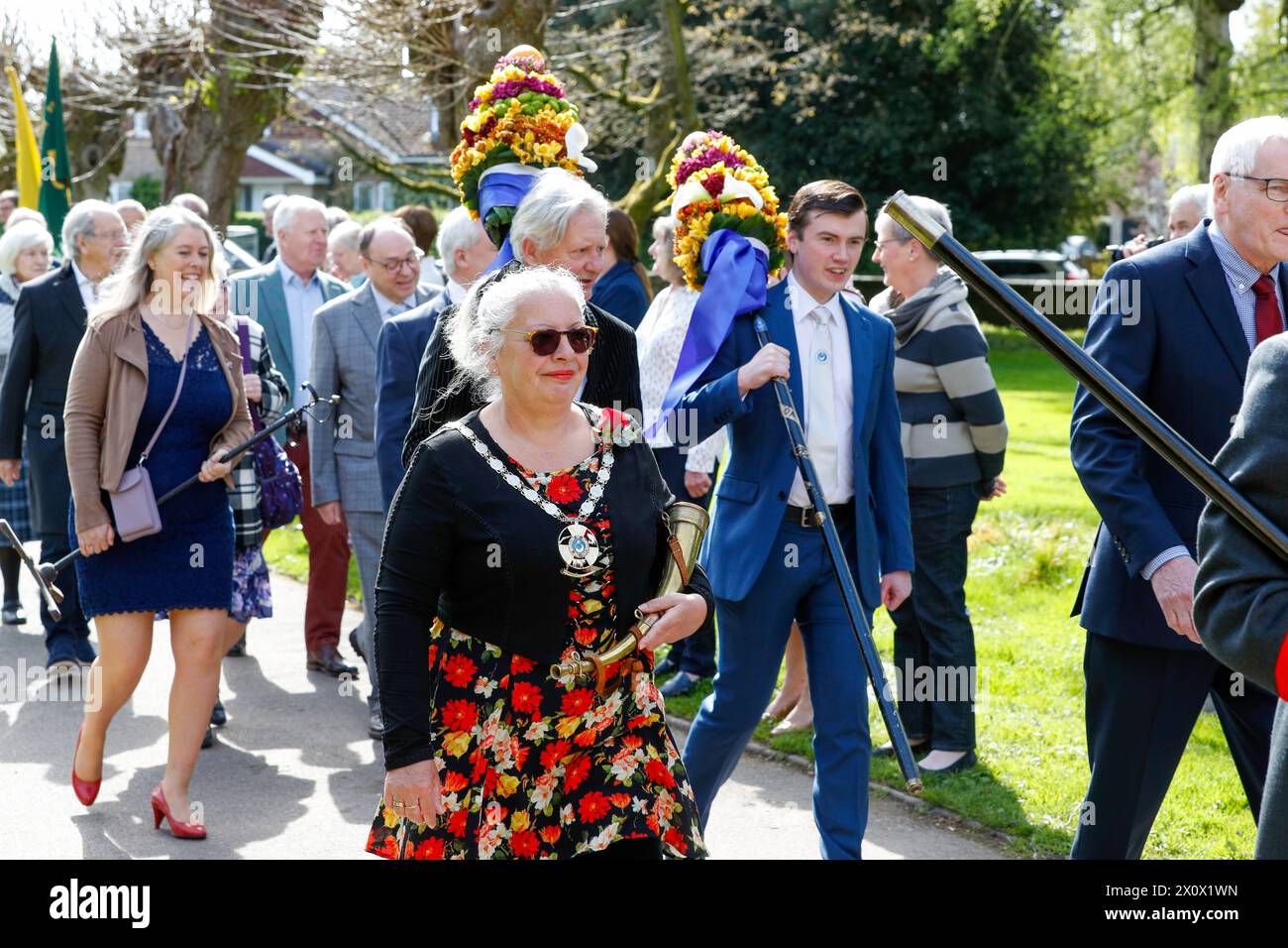 Hungerford, UK. 14th April 2024. The Constable of the Town and Manor of Hungerford and the Tutti Men parade to St Lawrences Church Credit: Red Water Images/Alamy Live News Stock Photo