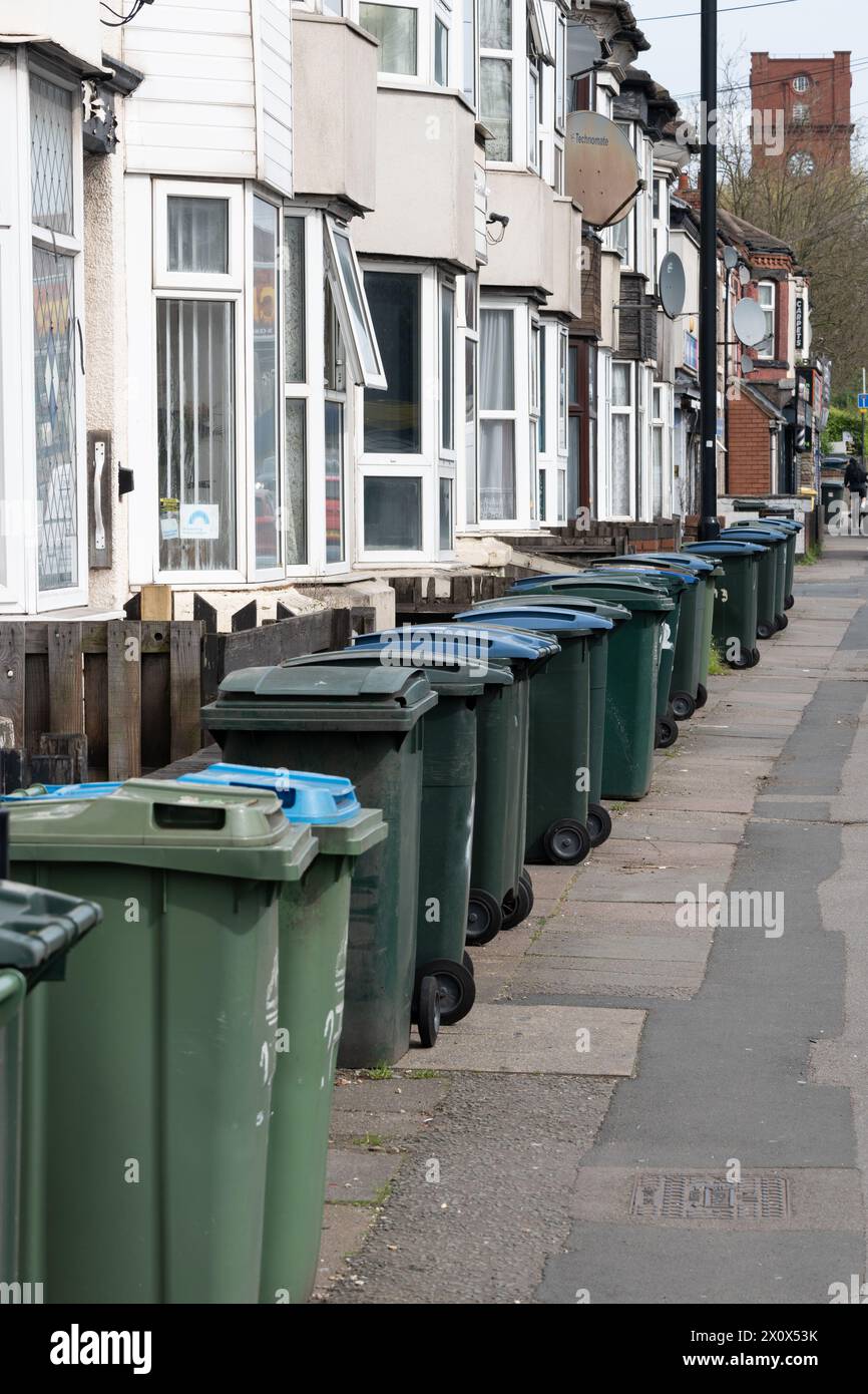 Recycling bins outside houses in Foleshill Road, Coventry, West
