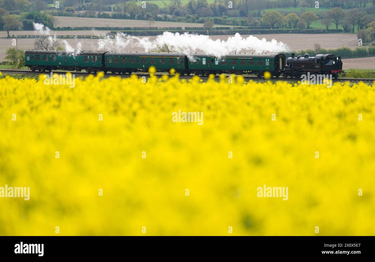 British Railways Ivatt Class 2MT Tank Engine number 41312 travels along the Mid Hants Railway, also known as the Watercress line, near to Ropley in Hampshire. Picture date: Sunday April 14, 2024. Stock Photo