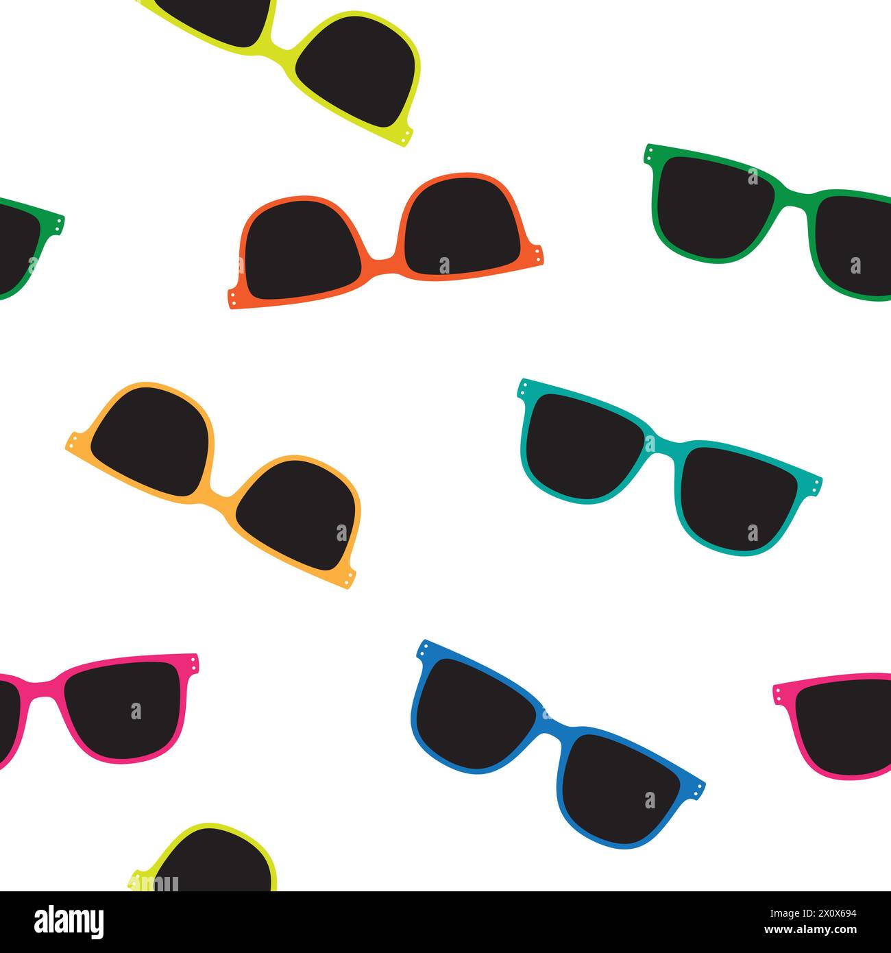 Colorful sunglasses randomly scattered on a white background, seamless vector pattern. Stock Vector