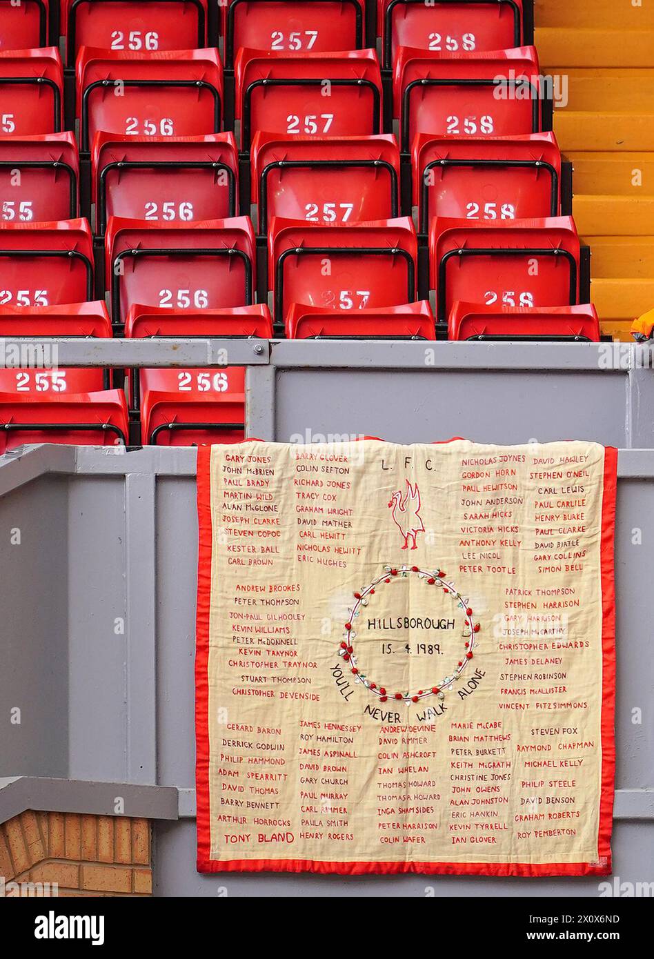 A memorial in the stands for the victims of the Hillsborough distaster ahead of the Premier League match at Anfield, Liverpool. Picture date: Sunday April 14, 2024. Stock Photo
