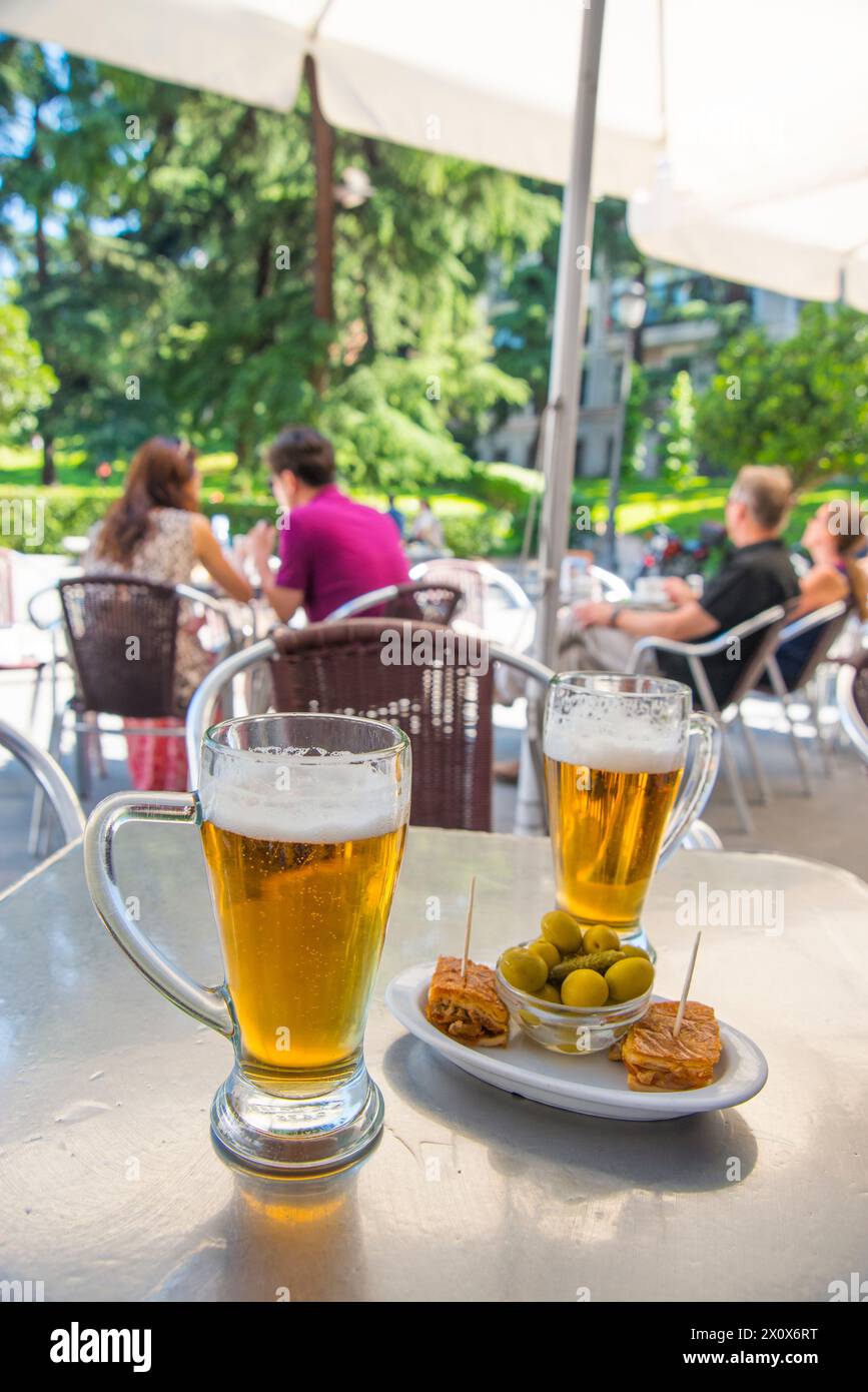 Two glasses of beer in a terrace. Madrid, Spain. Stock Photo