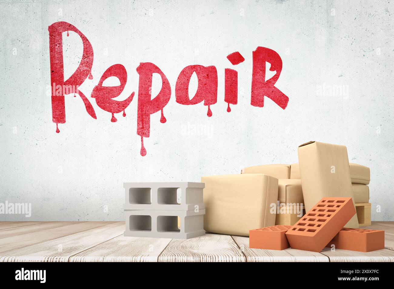 3d rendering of bricks with 'Repair' sign on white wooden floor ...