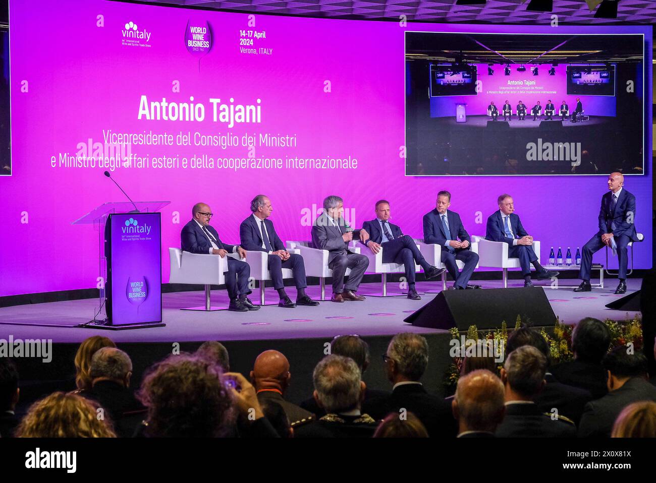 Verona, Italy. 14th Apr, 2024. (L to R) Italian Minister of Culture, Gennaro Sangiuliano, Luca Zaia, president of Veneto Region, Italian Foreign Affairs Minister Antonio Tajani, Italian Minister of Agriculture, Francesco Lollobrigida, Federico Bricolo, president of Verona Fiere expo center and Italian Minister of Enterprise and Italian Made Product, Adolfo Urso during the opening ceremony of the 56th Edition of Vinitaly, Internation exposition of wine and Spirits in Verona fair on April 14, 2024 in Verona. Italy Credit: Roberto Tommasini/Alamy Live News Stock Photo