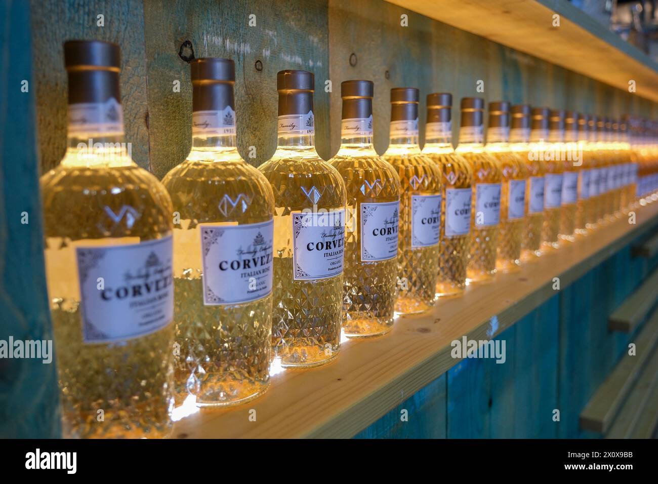 Bottles of Italian wine are being displayed at the 56th Edition of