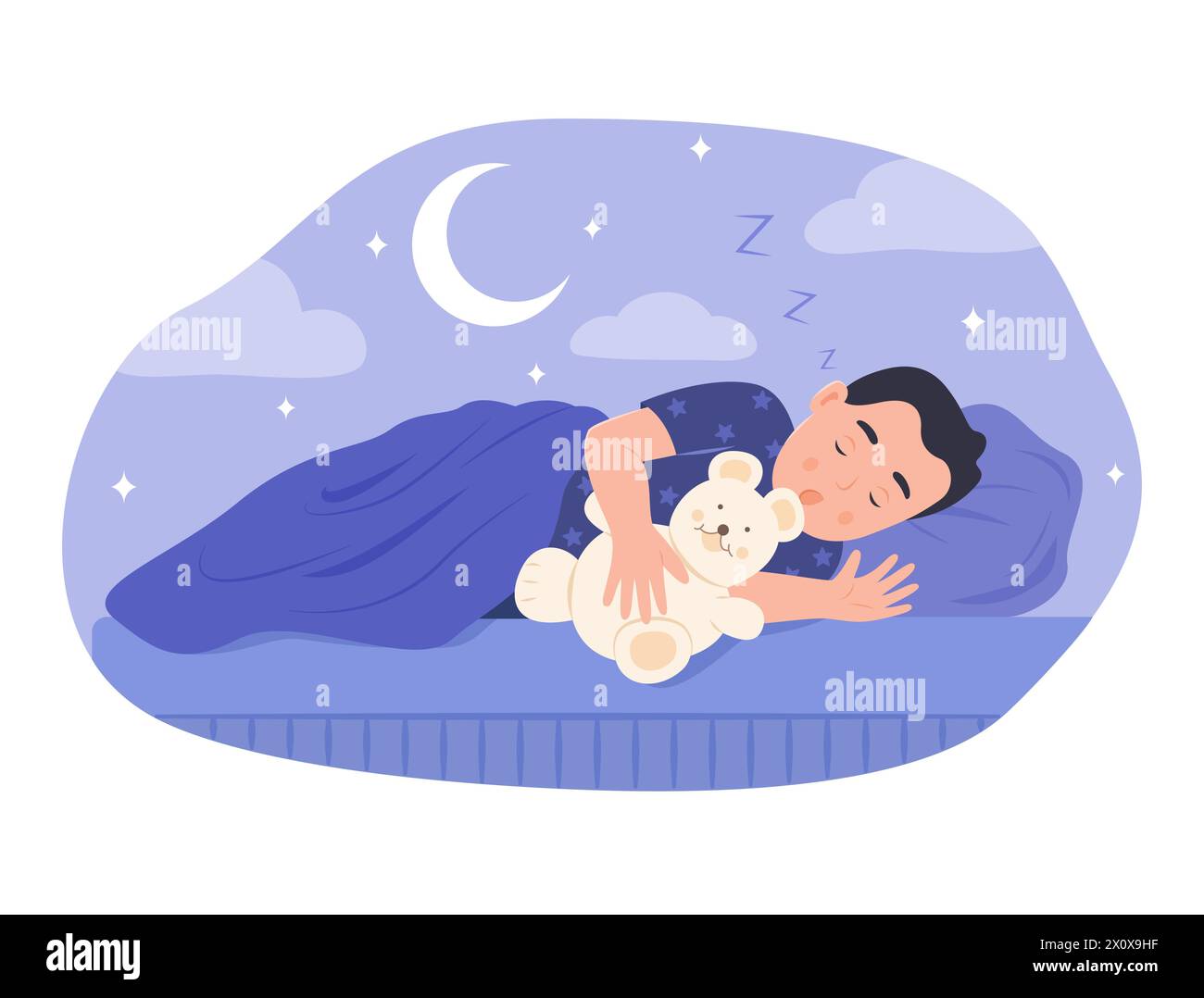 Cute Kid Hugging Teddy Bear and Sleeping in Bed at Night Stock Vector