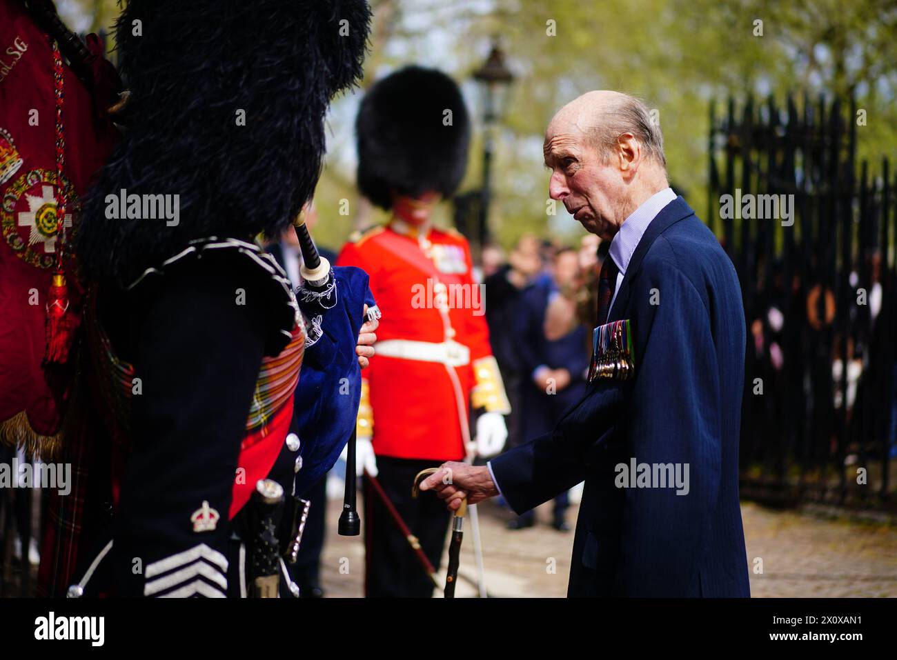 The Duke of Kent, who is stepping down as Colonel of the Scots Guards after 50 years, is applauded as he leaves the Scots Guards' Black Sunday Parade at the Wellington Barracks in Westminster, London. Picture date: Sunday April 14, 2024. Stock Photo