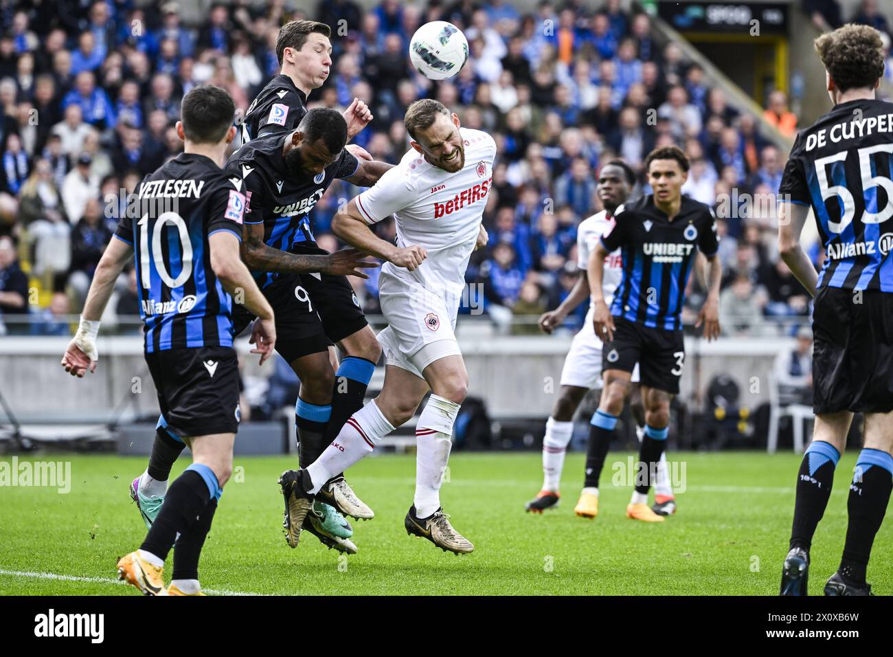 Brugge, Belgium. 14th Apr, 2024. Club's Hans Vanaken, Club's Igor Thiago and Antwerp's Vincent Janssen pictured in action during a soccer match between Club Brugge KV and Royal Antwerp FC, Sunday 14 April 2024 in Brugge, on day 3 (out of 10) of the Champions' Play-offs of the 2023-2024 'Jupiler Pro League' first division of the Belgian championship. BELGA PHOTO TOM GOYVAERTS Credit: Belga News Agency/Alamy Live News Stock Photo