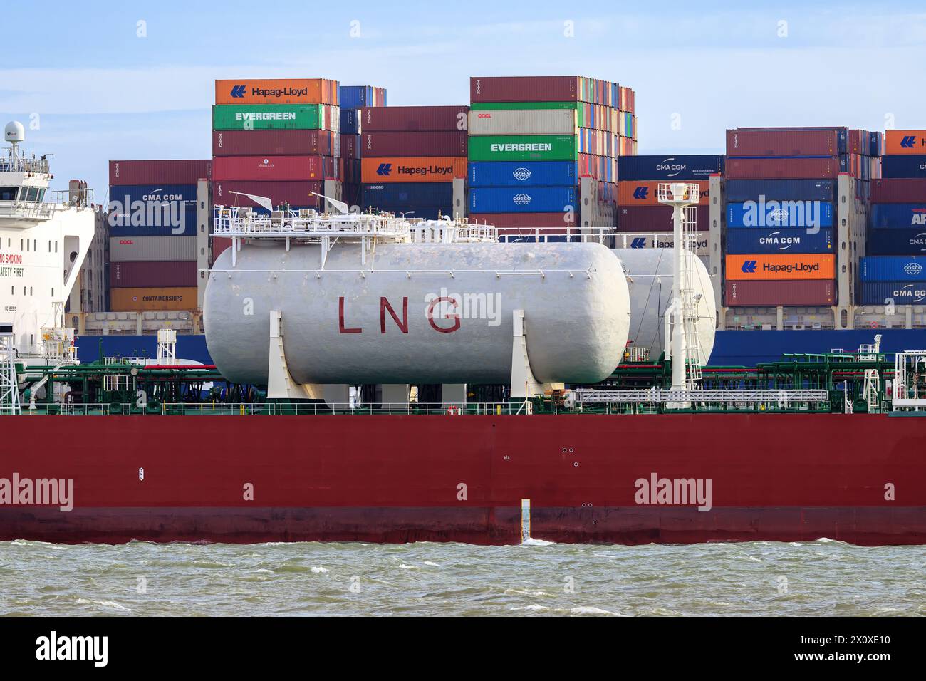 Detail view of the external LNG fuel tanks on Pacific Coral, one of 10 LNG fuelled Aframax Crude Tankers on charter with Shell Tankers Singapore. Stock Photo