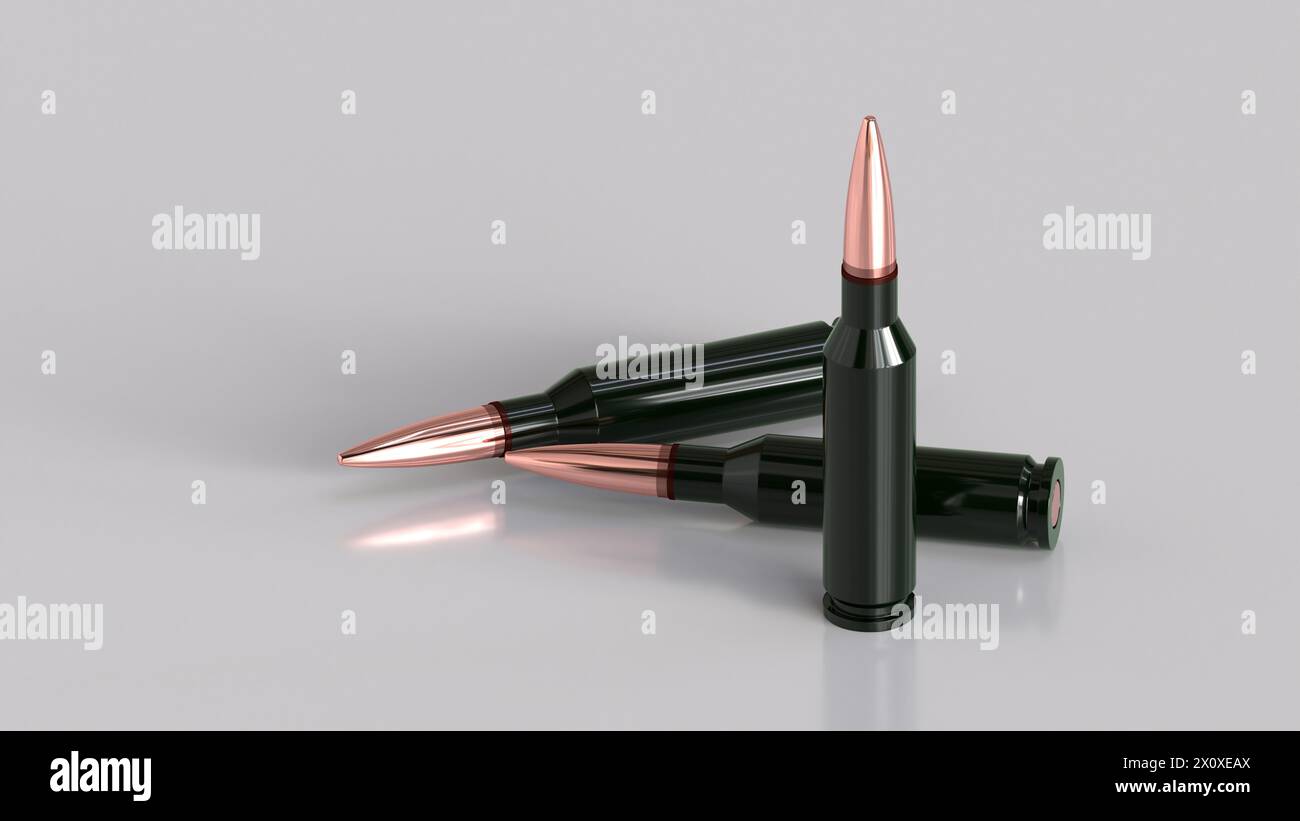Ammo cartridges for Kalashnikov AK-74 rifle on gray background, depicting military equipment and russian ukrainian ammunition for security and defense Stock Photo
