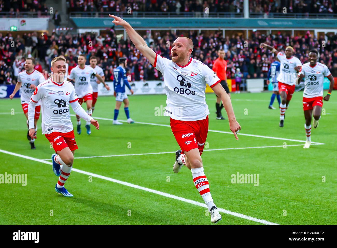 Fredrikstad, Norway, 13nd April 2024.  Fredrikstad's Henrik Kjelsrud Johansen celebrates scoring his side's second goal in the Eliteserien match between Fredrikstad and Sarpsborg 08 at Fredrikstad stadium.  Credit: Frode Arnesen/Alamy Live News Stock Photo