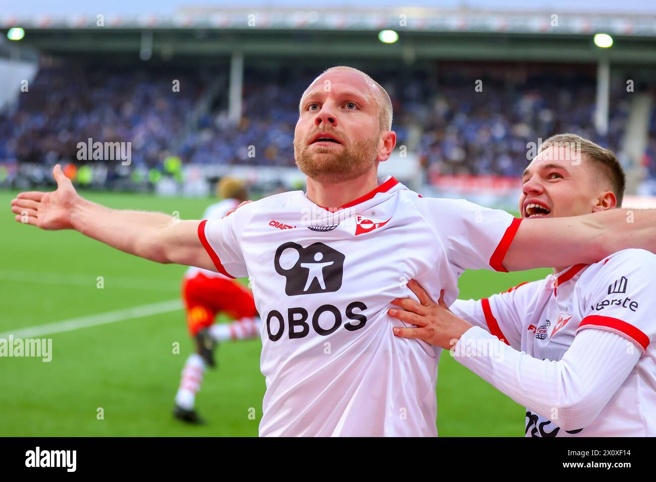 Fredrikstad, Norway, 13nd April 2024.  Fredrikstad's Henrik Kjelsrud Johansen celebrates after scoring the equalizer in the Eliteserien match between Fredrikstad and Sarpsborg 08 at Fredrikstad stadium.  Credit: Frode Arnesen/Alamy Live News Stock Photo