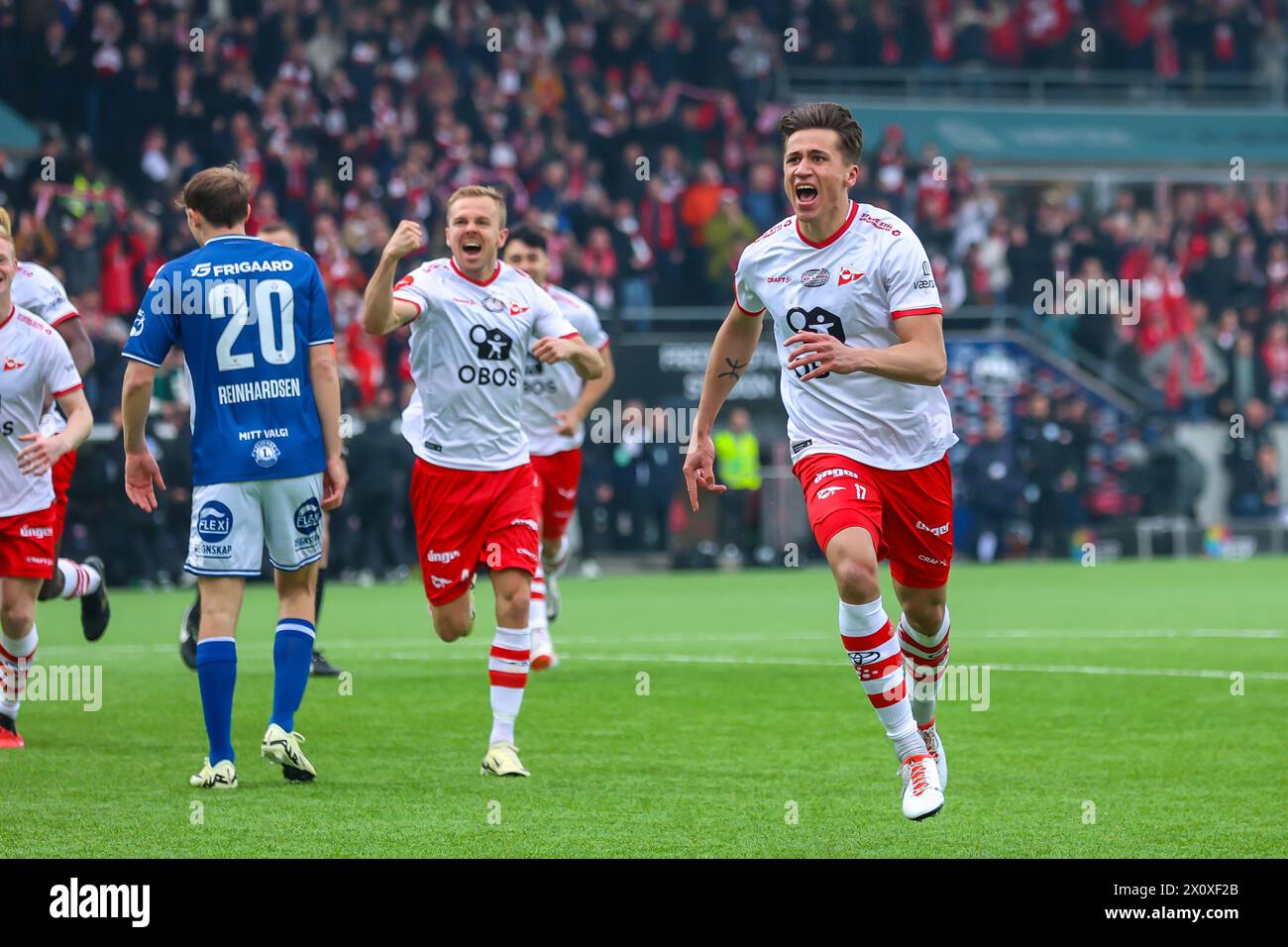 Fredrikstad, Norway, 13nd April 2024.  Fredrikstad's Sigurd Kvile celebrates scoring his side's first goal in the Eliteserien match between Fredrikstad and Sarpsborg 08 at Fredrikstad stadium.  Credit: Frode Arnesen/Alamy Live News Stock Photo