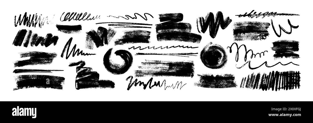 Vector hand drawing doodle charcoal strokes, scribbles and curly lines. Crayon squiggles, black sketches and wavy underlines element set. Abstract simple shapes and chalk strips with pencil texture. Stock Vector