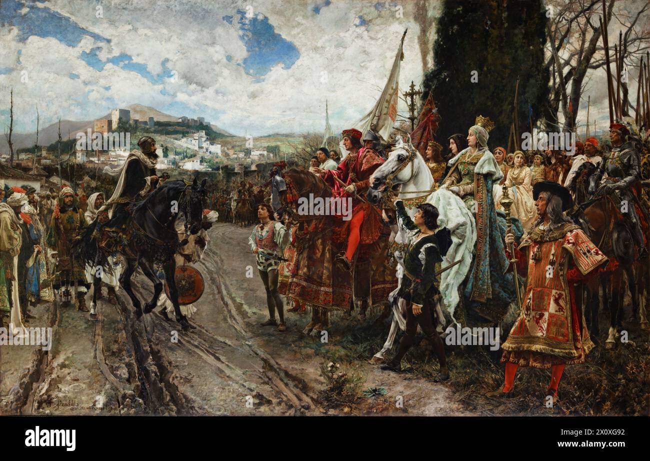 The Surrender of Granada (1882), showing Muhammad XII confronting Ferdinand and Isabella Francisco Pradilla y Ortiz Stock Photo