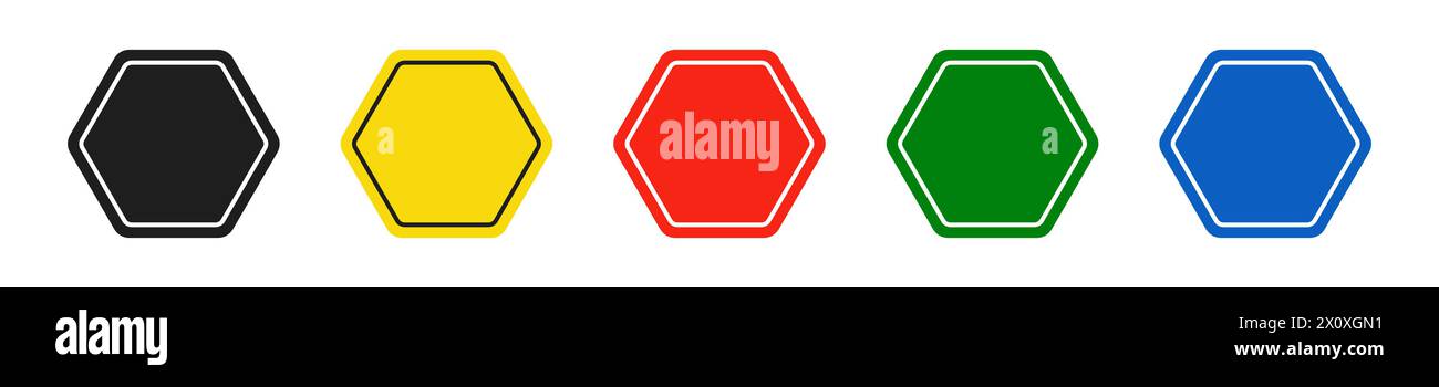 Set of hexagonal black, yellow, red, green and blue road signs. Vector illustration of icons for warning about the situation on the road. White isolat Stock Vector