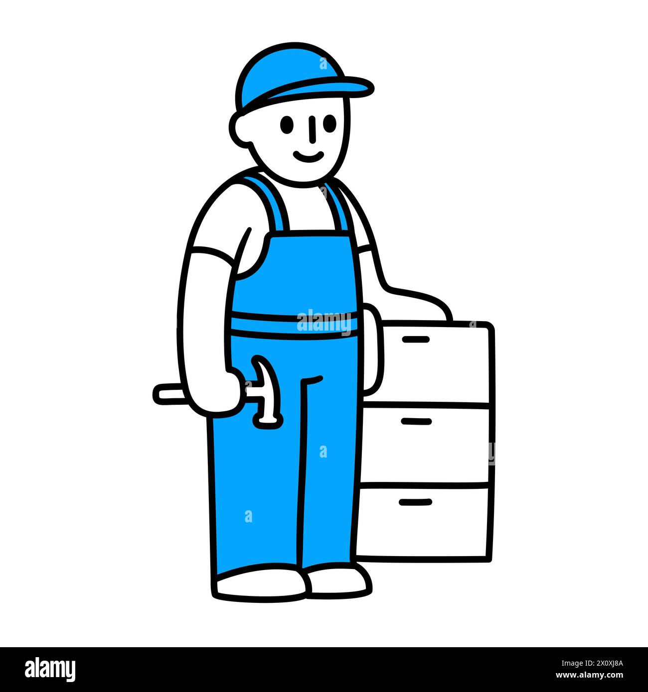 Carpenter, cabinet maker doodle icon. Cute cartoon drawing of character with hammer and cabinet furniture. Vector line art illustration. Stock Vector