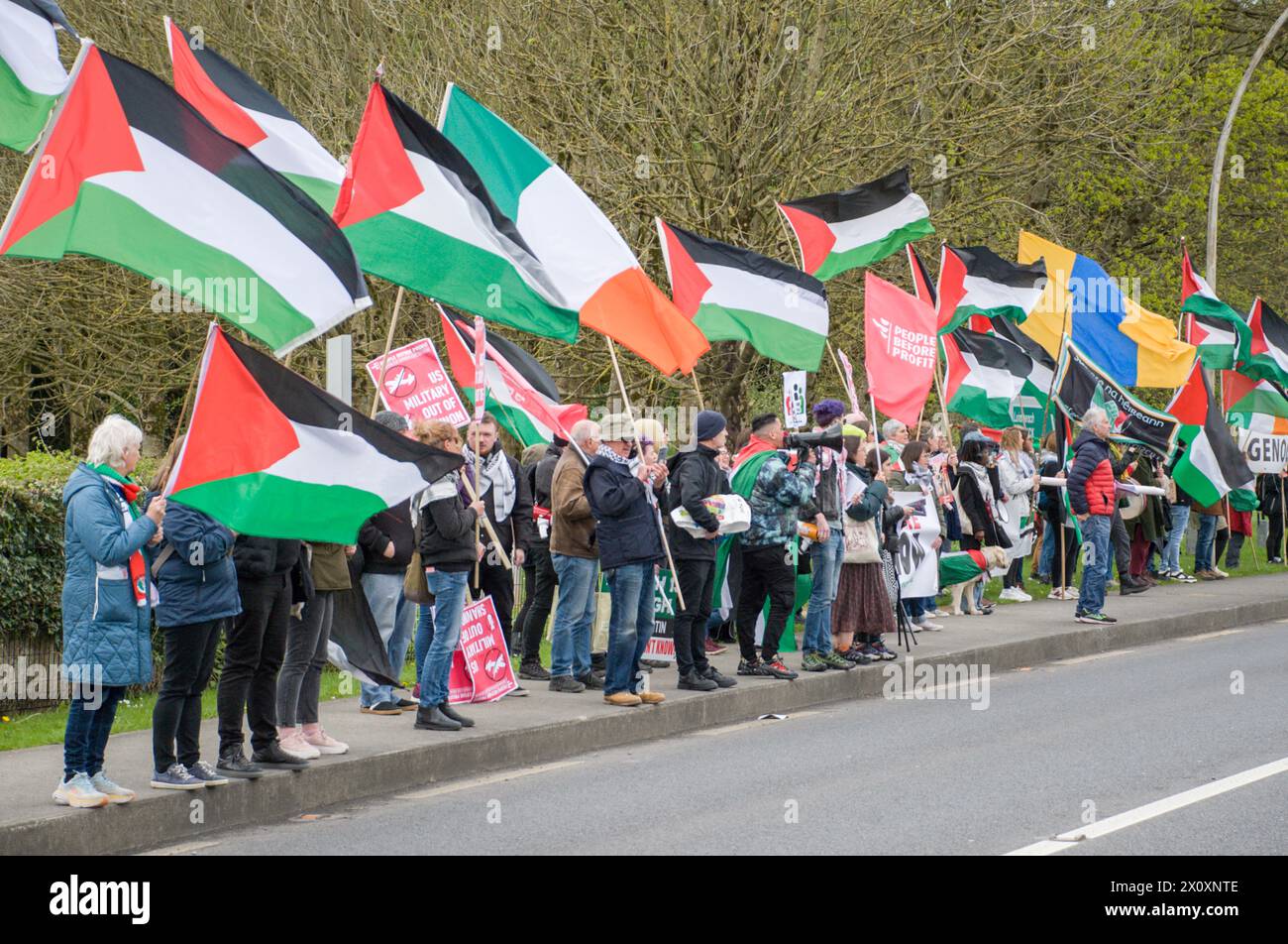 14th April, 2024. A large crowd of protesters gathered on Sunday at Shannon Airport to protest ongoing military support by the US for Israel's genocide in Gaza . Credit: Karlis Dzjamko/Alamy Live News Stock Photo