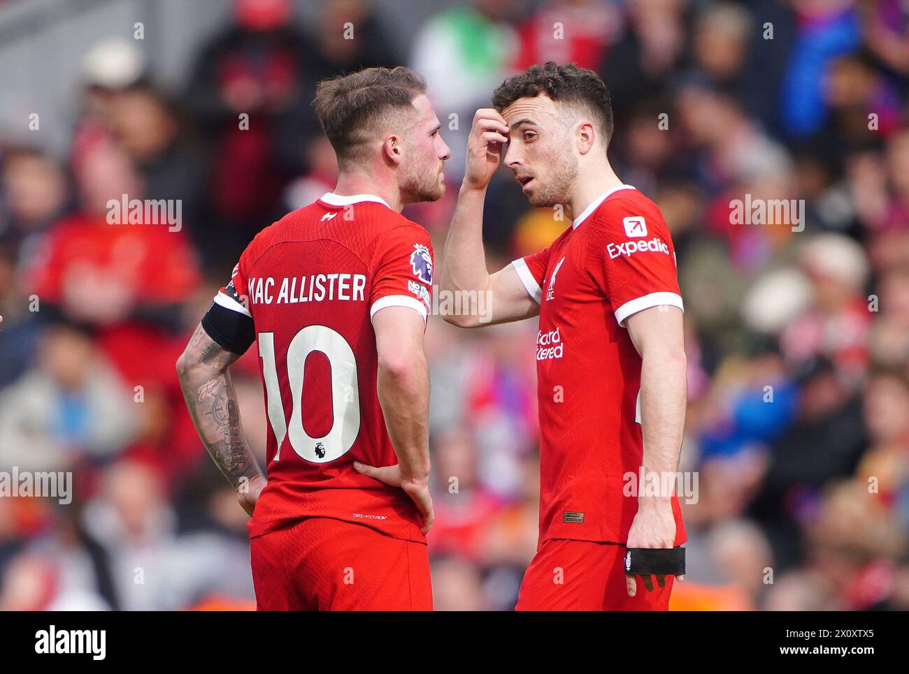 Liverpool's Alexis Mac Allister and Diogo Jota react following the Premier League match at Anfield, Liverpool. Picture date: Sunday April 14, 2024. Stock Photo