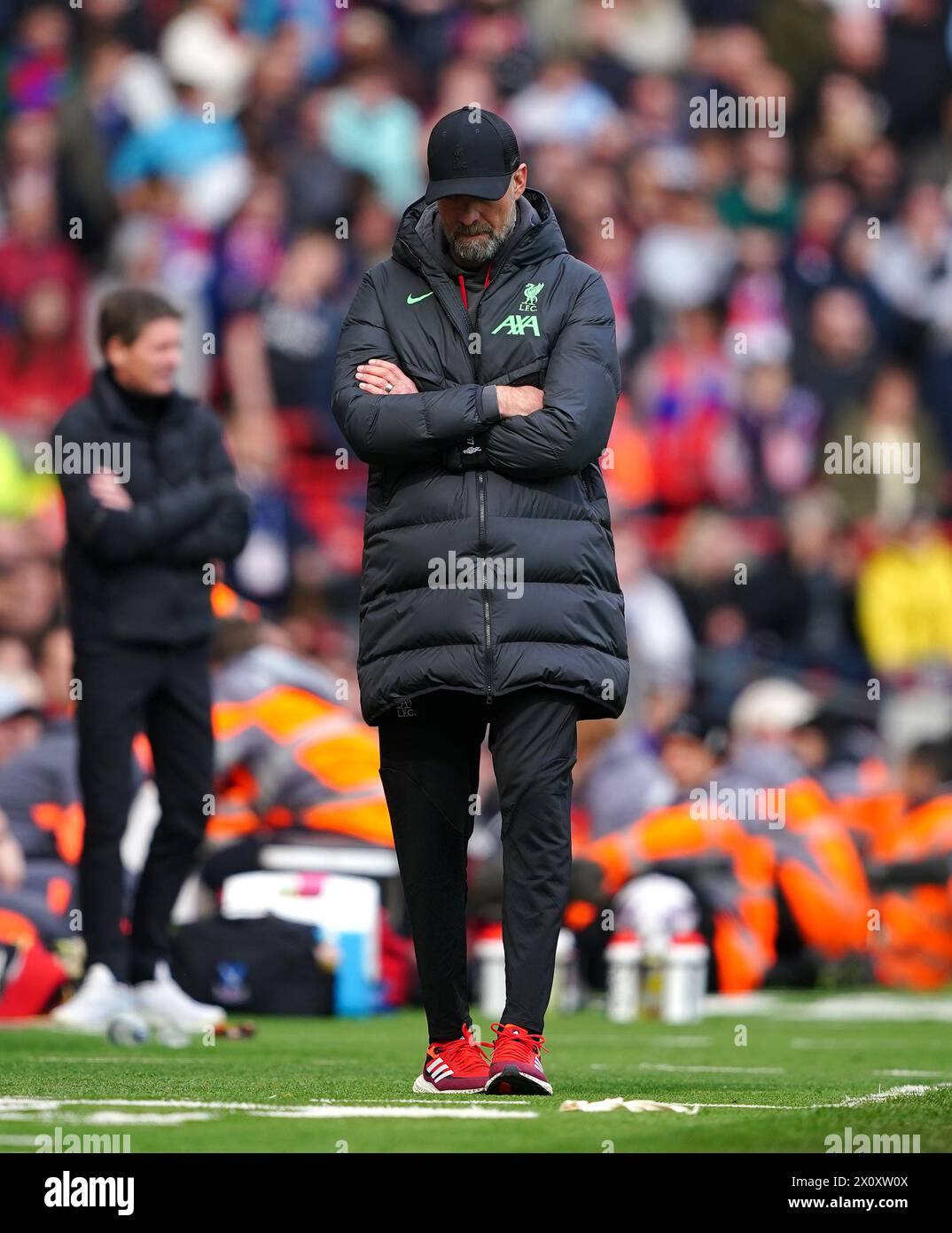 Liverpool manager Jurgen Klopp reacts on the touchline during the Premier League match at Anfield, Liverpool. Picture date: Sunday April 14, 2024. Stock Photo