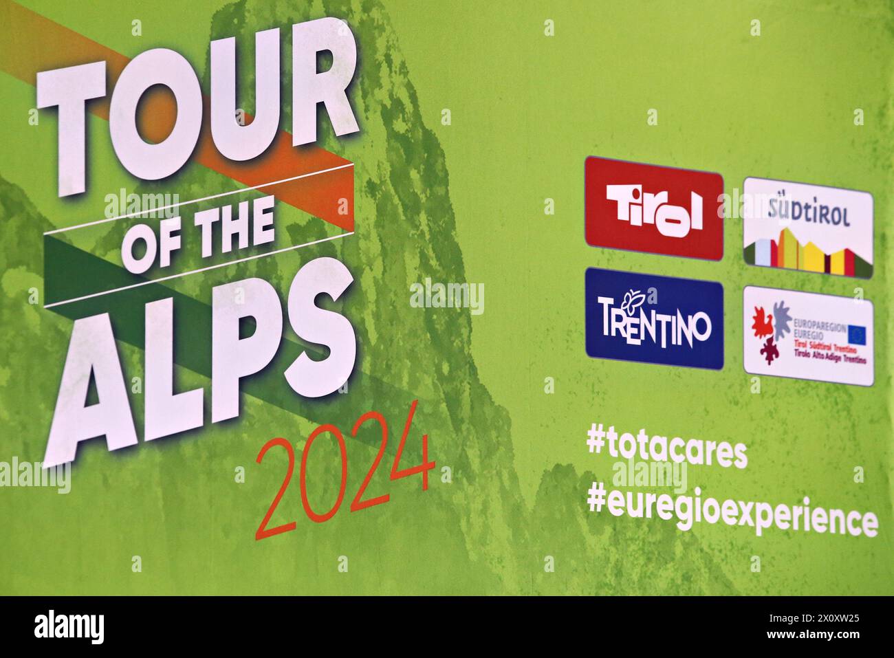 ©Pierre Teyssot/MAXPPP ; TOUR DES ALPES 2024 - UCI Cycling Race Tour of the Alps. Neumarkt - Egna, Italy on April 14, 2024. Presentation and press conference 47th edition from 15th to 19th of April 2024 between Italy and Austria. France leader Romain Bardet will attend the race.     Â© Pierre Teyssot / Maxppp Stock Photo