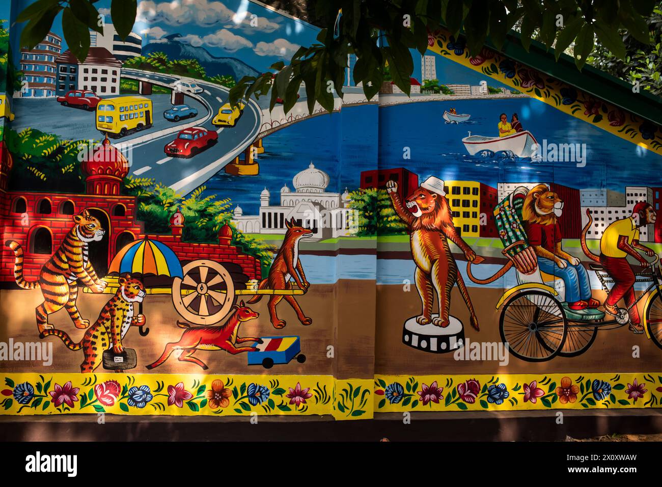 A wall painting seen at Fine Arts Institute of Dhaka University. Thousands of Bangladeshi people celebrate the first day of the Bengali New Year or Pohela Boishakh, with different colorful rallies, cultural programs with traditional dance and music, this Bengali year was introduced during the regime of Emperor Akbar to facilitate revenue collection in the 16th century. (Photo by Sazzad Hossain / SOPA Images/Sipa USA) Stock Photo