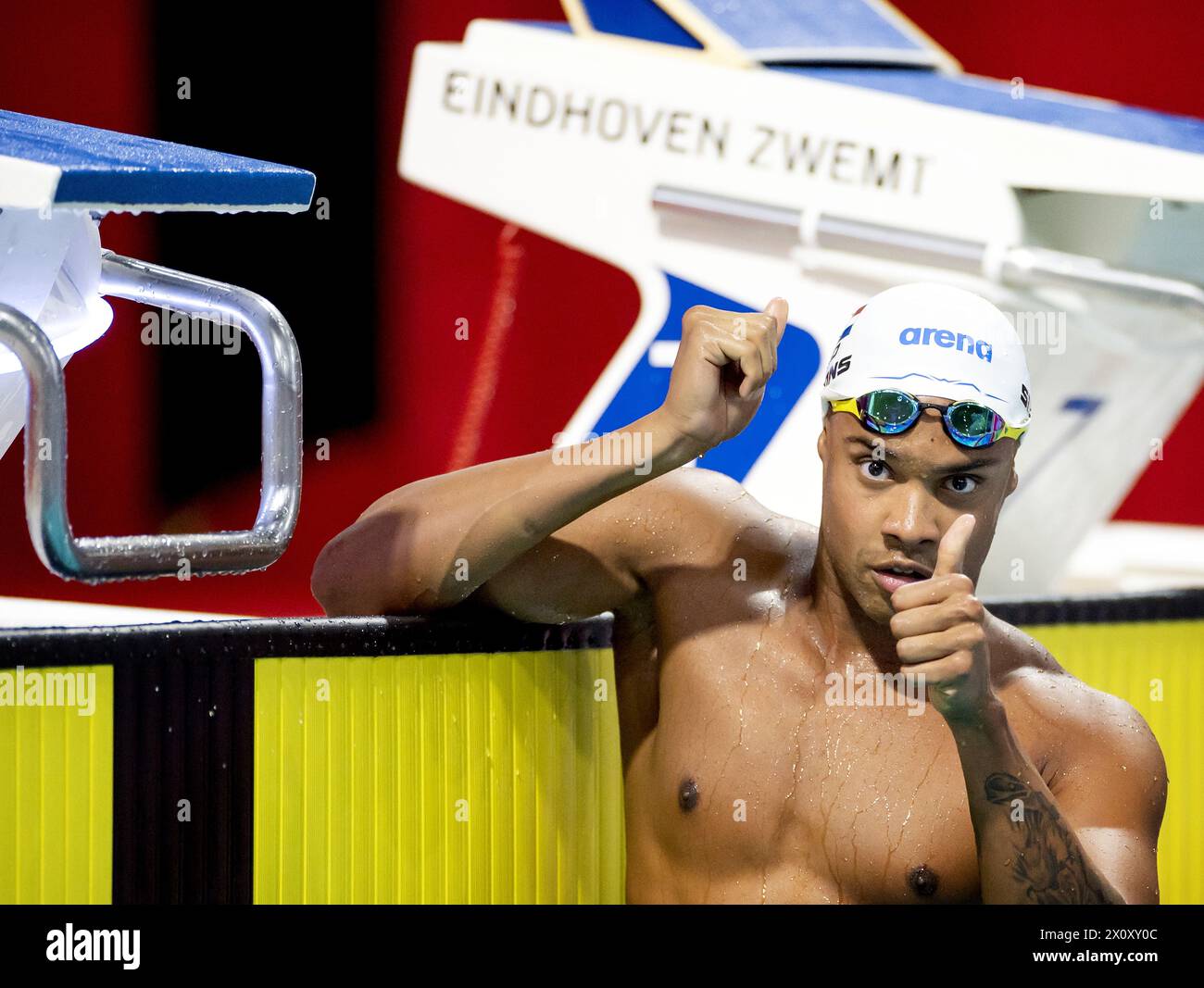 EINDHOVEN - Kenzo Simons after the final 50 free. The Dutch swimmers were able to obtain a starting permit for the Olympic Games during the Eindhoven Qualification Meet. ANP KOEN VAN WEEL Stock Photo