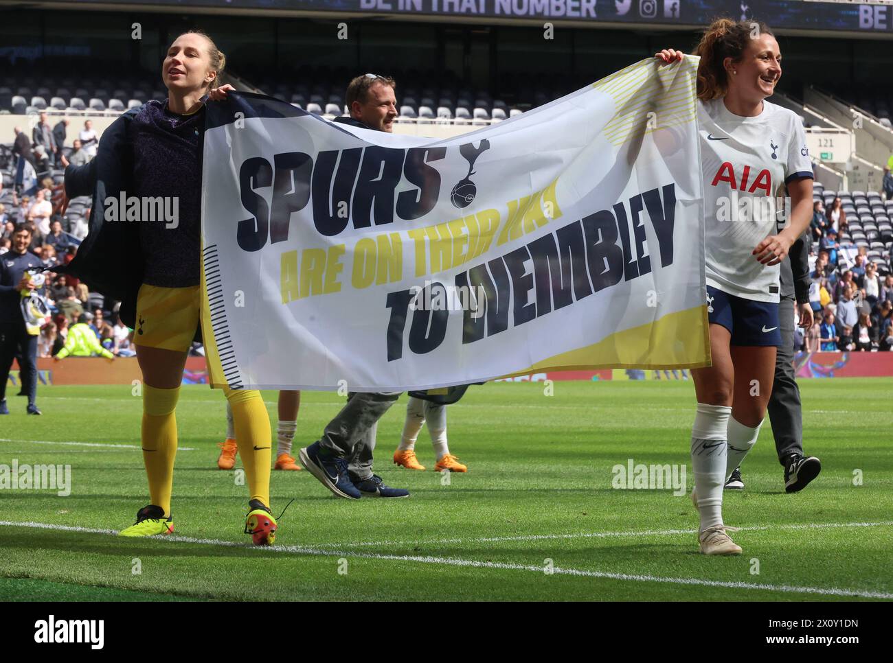 London, UK. 14th Apr, 2024. LONDON, ENGLAND - Spurs with banner after The Adobe Women's FA Cup Semi -Final soccer match between Tottenham Hotspur Women and Leicester City Women at Tottenham Stadium in London on 14th April, 2024 Credit: Action Foto Sport/Alamy Live News Stock Photo