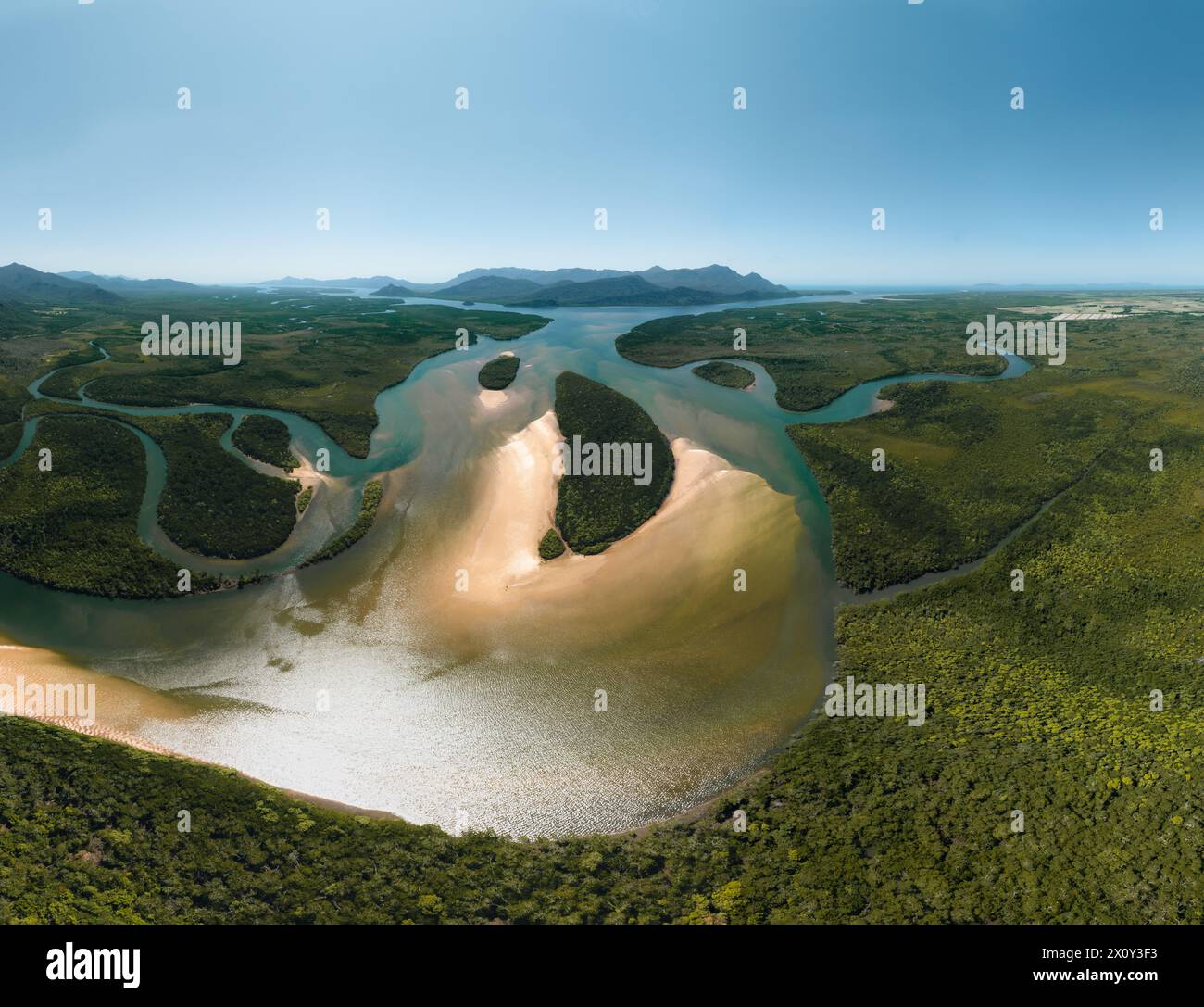 Aerial view of Mangroves in Hinchinbrook National Park. Mountains