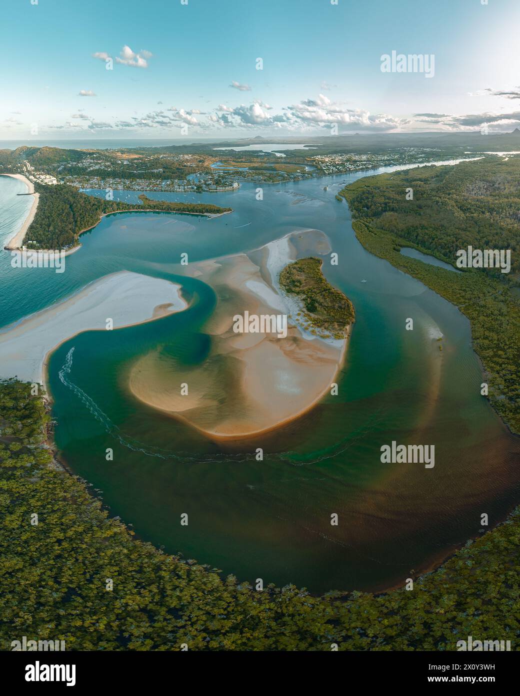 Aerial Drone view of Noosa River, Byron Gold Coast Sunshine Coast, Australia. Stock Photo