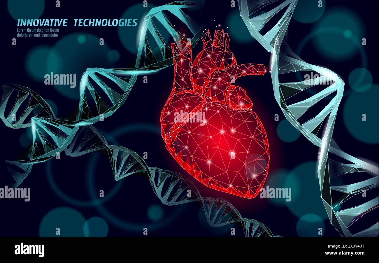 Human heart surrounded by DNA molecules in electric blue color, gene therapy medicine doctor technology. Modern health care app center medical online Stock Vector
