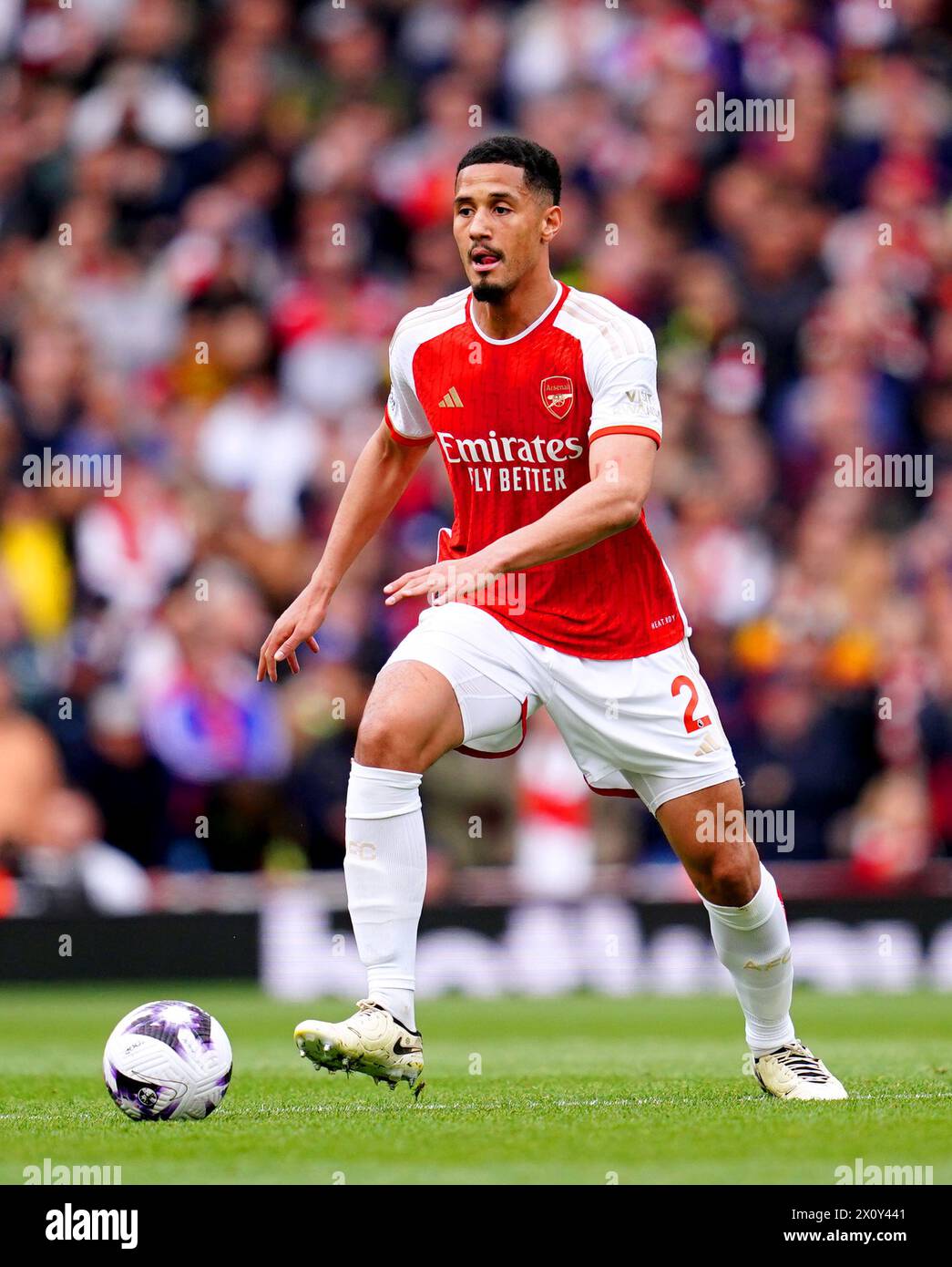 Arsenal's William Saliba during the Premier League match at the Emirates Stadium, London. Picture date: Sunday April 14, 2024. Stock Photo
