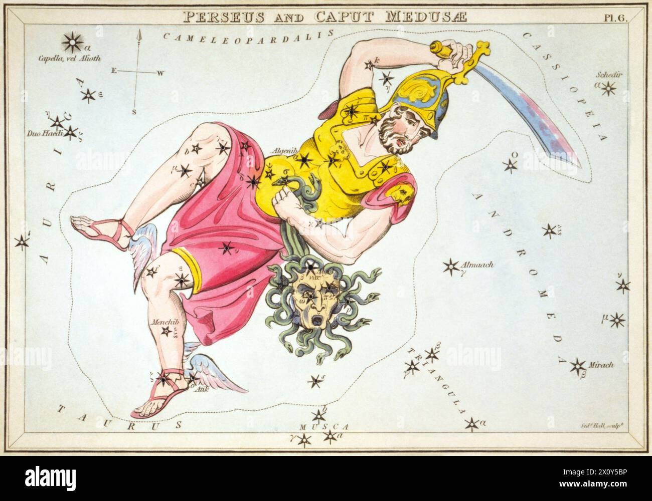 Perseus and Caput Medusæ, plate 6 in Urania's Mirror, a set of celestial cards accompanied by A familiar treatise on astronomy ... by Jehoshaphat Aspin. London. Astronomical chart showing Perseus holding bloody sword and the severed head of Medusa forming the constellation. 1 print on layered paper board : etching, hand-colored. Stock Photo
