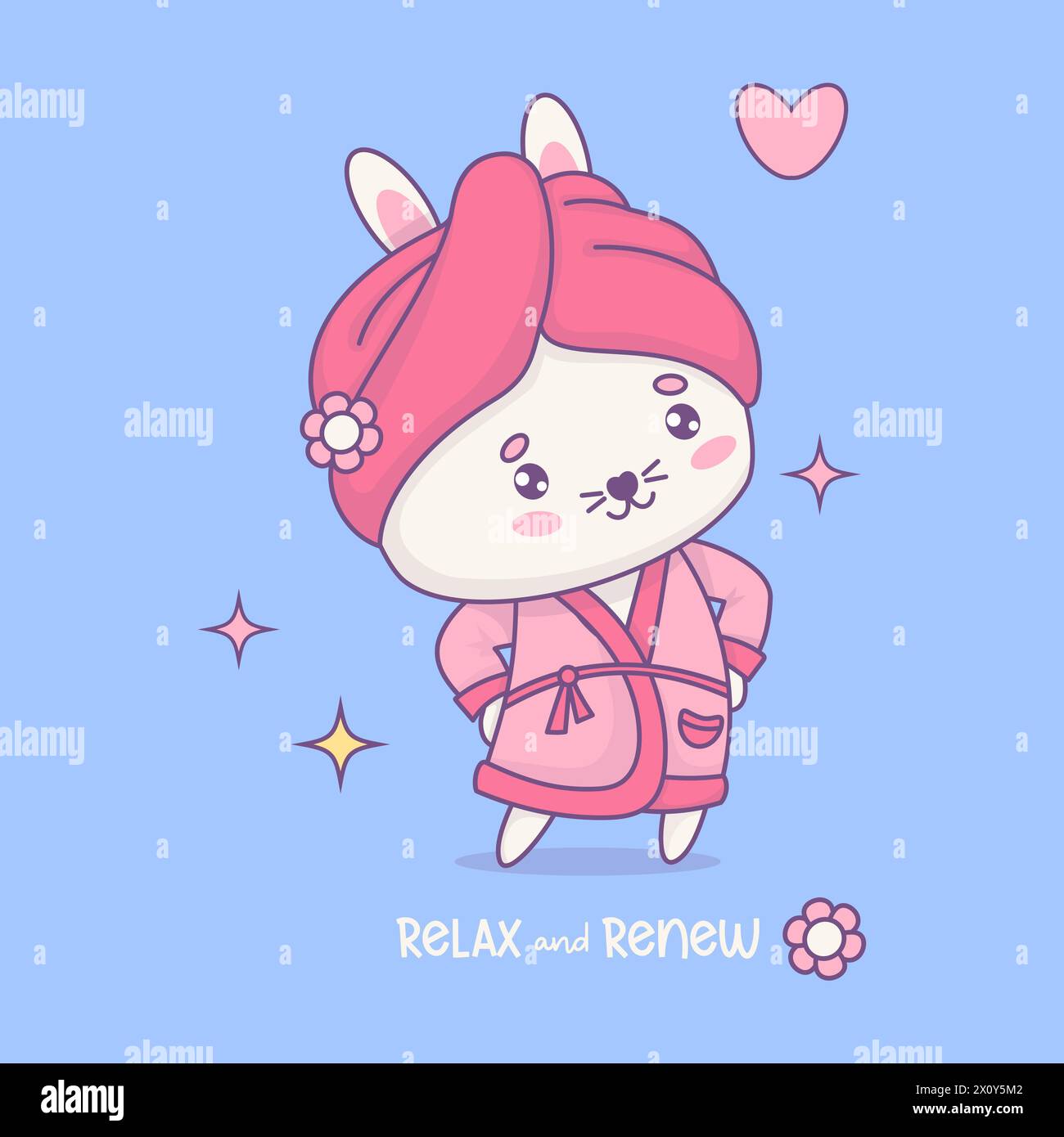 Cute bunny in pink bathrobe and with towel on his head after bath time ...