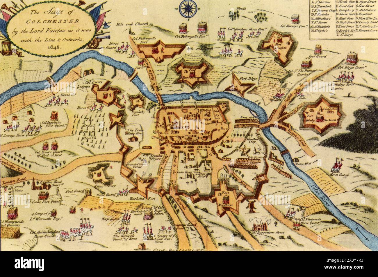 'The Siege of Colchester by the Lord Fairfax as it was with the Line & Outworks', 1648. By W. Keymer. The Siege of Colchester occurred in the 1648, during the Second English Civil War. Colchester found itself under siege when the Royalist army was attacked by the Parliamentary force of Thomas Fairfax (1612-1671). The Parliamentarians' initial attack forced the Royalist army to retreat behind the town's walls. Despite the privations of the siege, the Royalists resisted for eleven weeks and only surrendered following the defeat of the Royalist army at the Battle of Preston. Stock Photo