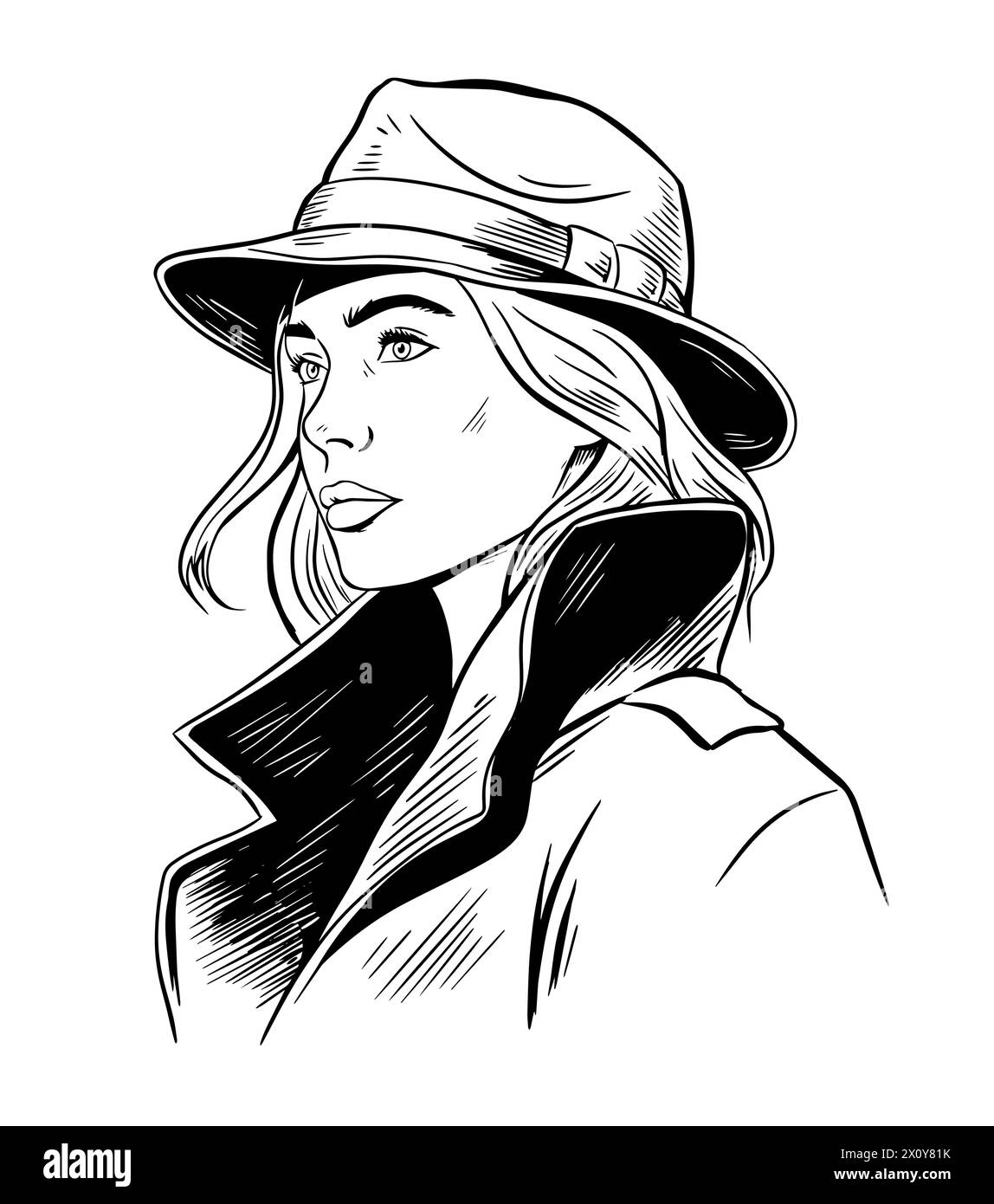 Woman detective black and white sketch Stock Vector