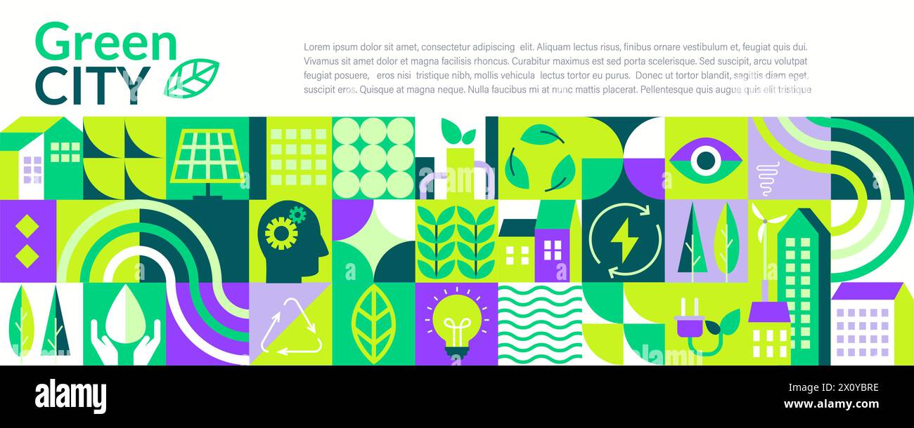 Green city horizontal banner,geometric flat style. Stock Vector