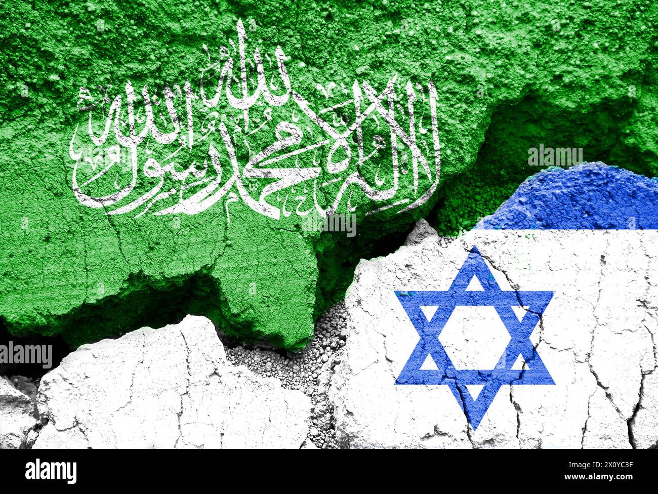 Flags of Israel and Hamas on cracked background, Israeli ans Hama, war in Gaza symbol Stock Photo