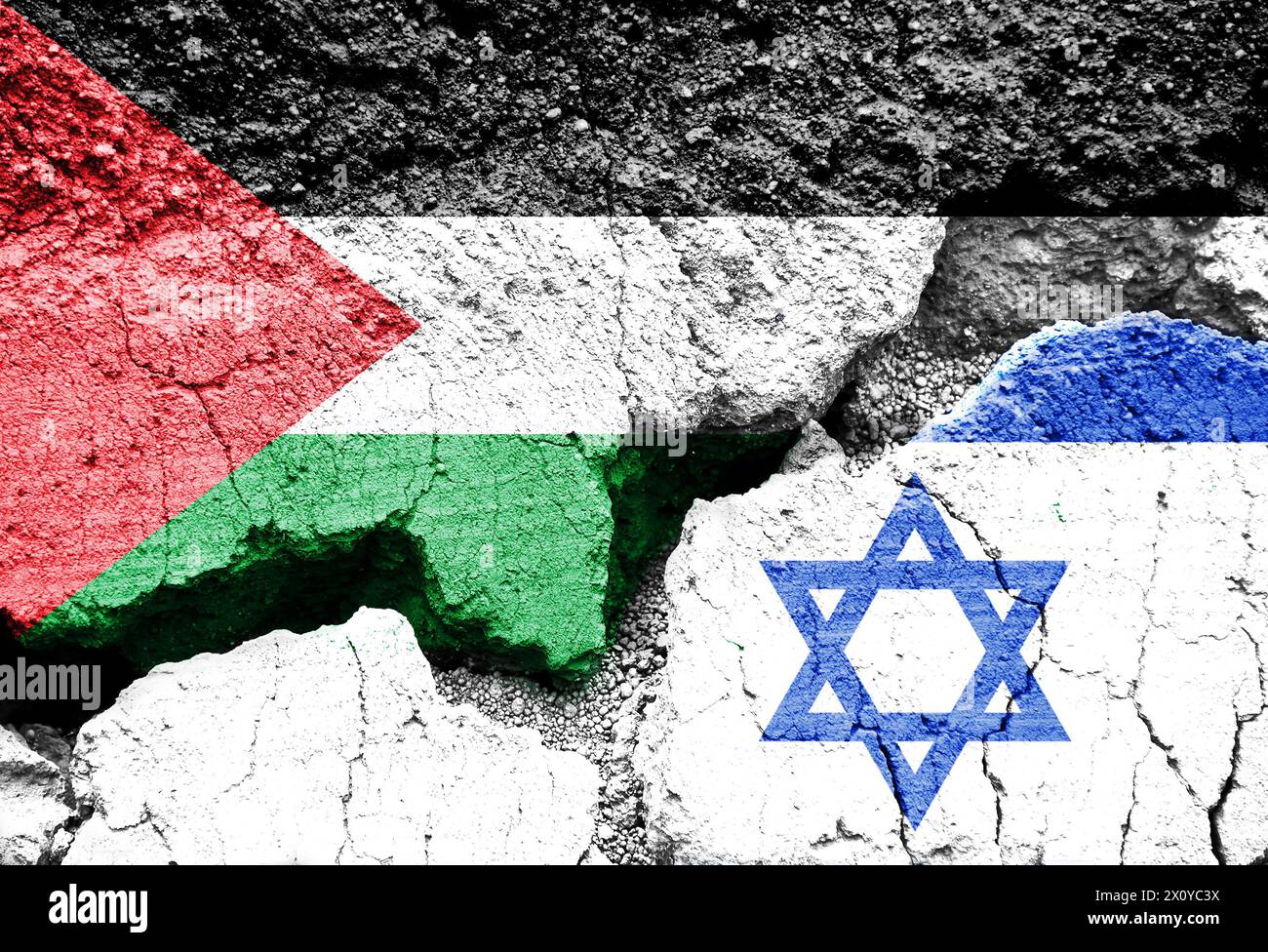 Flags of Israel and Palestine on cracked background, Israeli Palestinian conflict, Hamas in Gaza war symbol Stock Photo
