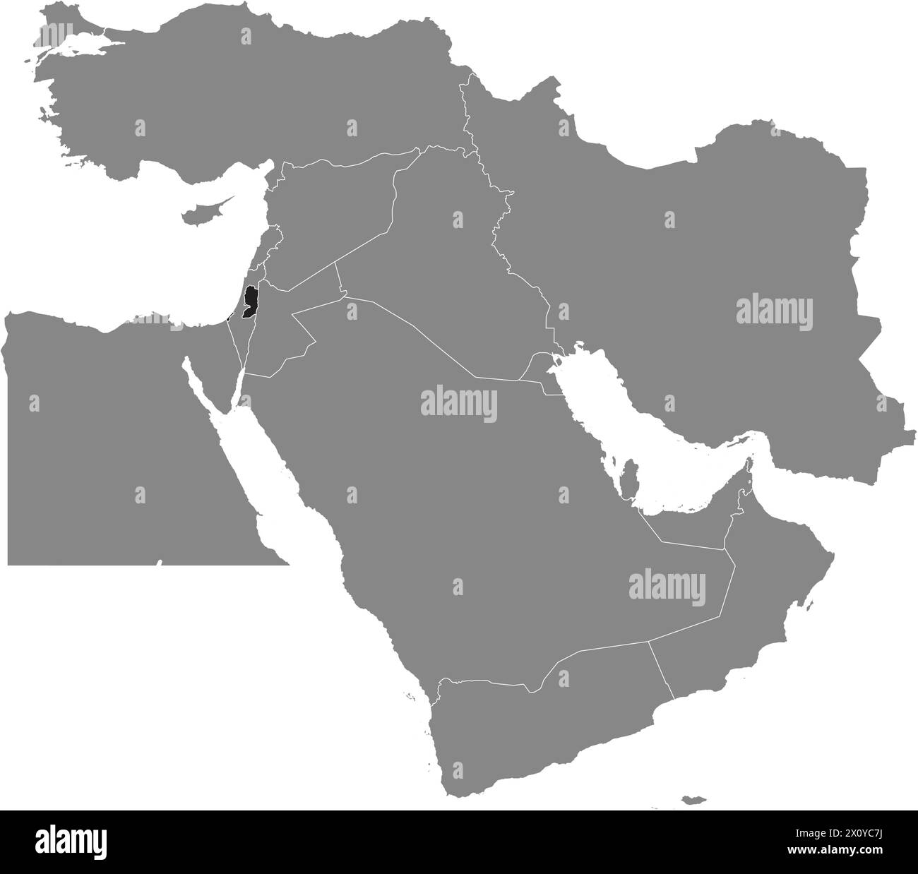 Black map of PALESTINE inside gray map of the Middle East Stock Vector